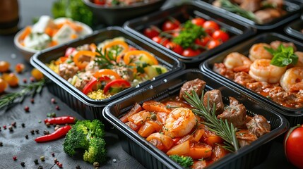 Obraz premium Food in lunch boxes, delivery of food concept