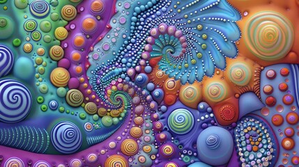 Horisontal abstract illustration of psychedelic colorful swirls and dots, vibrant colors. High quality photo