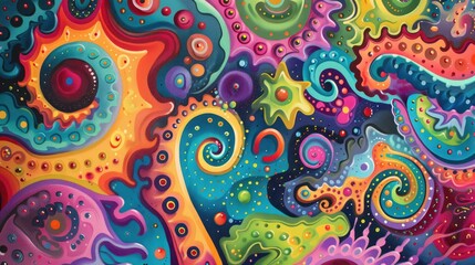 Horisontal abstract illustration of psychedelic colorful swirls and dots, vibrant colors. High quality photo