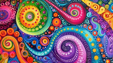 Horisontal abstract illustration of psychedelic colorful swirls and dots, vibrant colors. High quality photo
