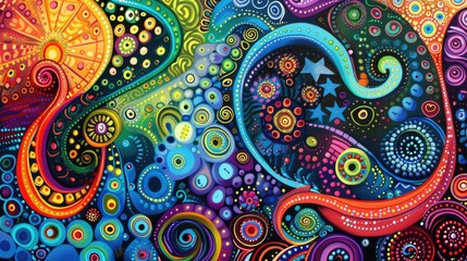Horisontal abstract illustration of psychedelic colorful swirls and dots, vibrant colors. High quality photo