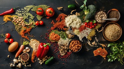 Diverse range of global cuisines. Top view of world map made of food ingredients and vegetables