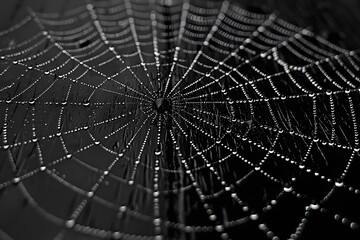 Obraz premium Nature's Geometry: Dew-Covered Spider Web in High Detail for Natural Design and Photography Themes