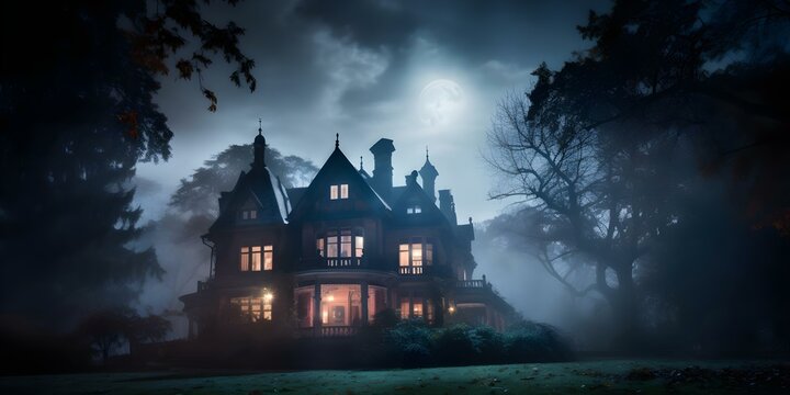 Mysterious moonlit mansion in mist evoking eerie charm and haunting beauty. Concept Eerie Setting, Moonlit Mansion, Haunting Beauty, Mysterious Atmosphere, Misty Landscapes