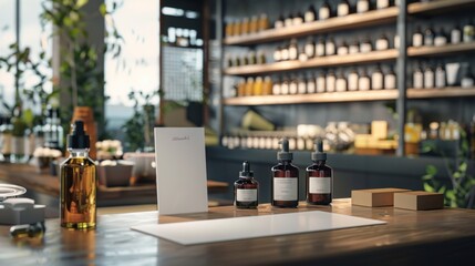 Obraz premium Sensory Symphony Artisan Perfume Lab with Business Cards Blending Tools and Test Vials