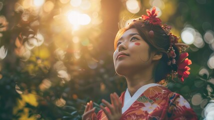 A multiethnic female tourist is experiencing Japanese culture and joining mochitsuki event in nature