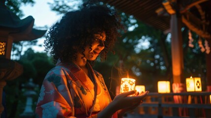 Obraz premium A multiethnic female tourist is experiencing Japanese culture and joining mochitsuki event in nature