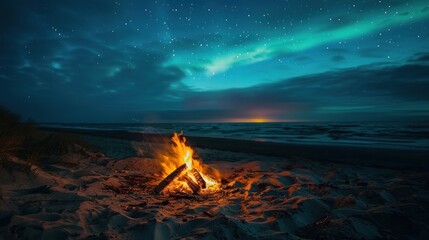 Bonfire in the beach at night with aurora in the sky