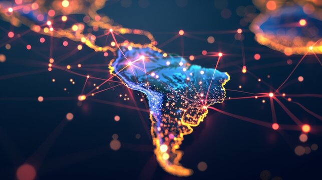 Map of South America lit up by digital connectivity lines