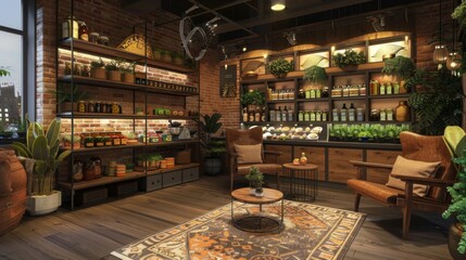 Inviting Herbal Tea Shop with Cozy Seating Loose Leaf Teas and Business Cards A Relaxing Atmosphere for Tea Enthusiasts