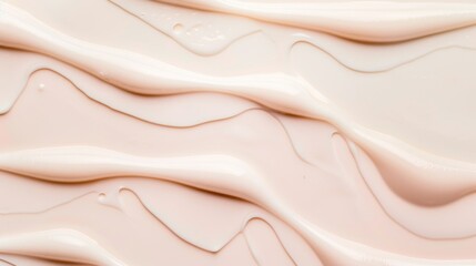 Creamy, smooth texture of a beige cosmetic product spread in wavy patterns. Soft and glossy appearance ideal for skincare or beauty product backgrounds.