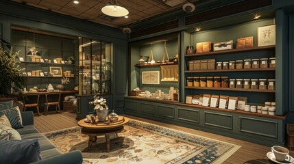 Inviting Herbal Tea Shop with Cozy Seating Loose Leaf Teas and Business Cards A Relaxing Atmosphere for Tea Enthusiasts