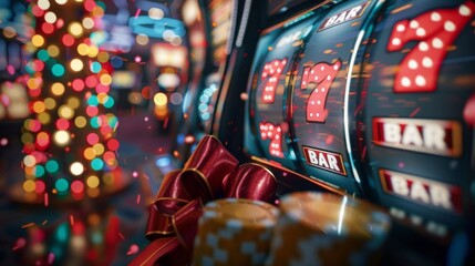 Festive Holiday Slot Machine With Red Bow and Sparkling Lights - Powered by Adobe