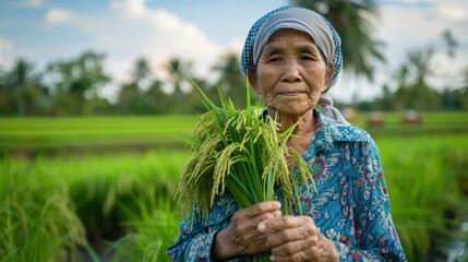 Portrait of a senior female farmer holding nursery rice plants in a rice farm.
