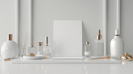Fototapeta premium Sophisticated Perfume Lab Elegant Bottles Fragrance Notes and Business Cards
