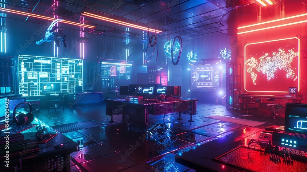 Poster in a neonlit, futuristic setting, a virtual reality game session is depicted with solid, lifelike in