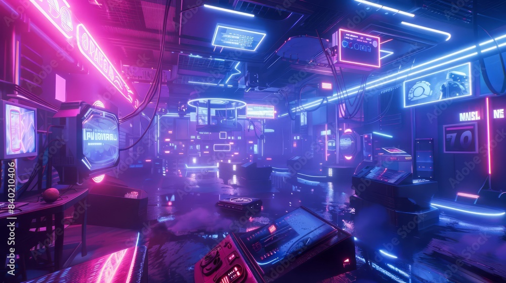 Poster in a neonlit, futuristic setting, a virtual reality game session is depicted with solid, lifelike in