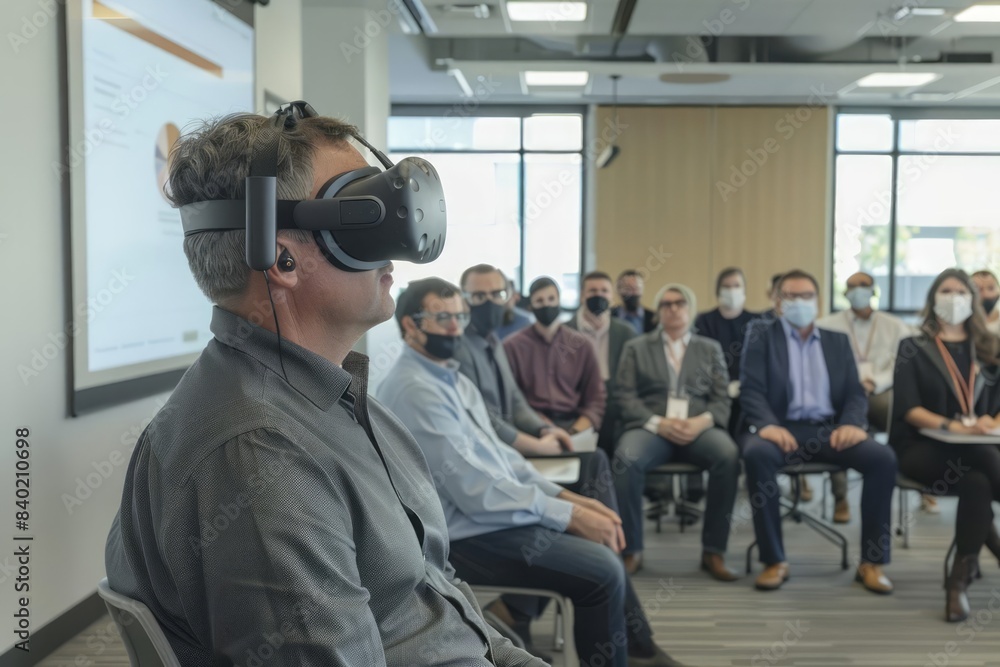 Aufkleber in a virtual reality setting, employees participate in a cybersecurity training session to learn how