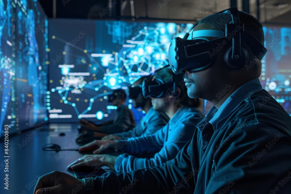Aufkleber in a virtual reality setting, employees participate in a cybersecurity training session to learn how