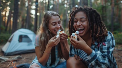 Two multi-ethnic women friends are enjoying eating marshmallows in nature in a camping site