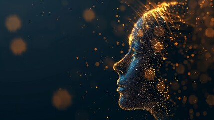 Abstract human head made of glowing particles and spots on dark background.