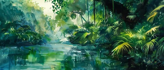 Naklejka premium In this watercolor scene, a lush rainforest is highlighted, showcasing the rich textures and colors of its abundant flora