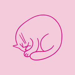 Cute doodle cat with funny grumpy face. Hand drawn outline curled up sleeping kitty. Fluffy playful cartoon character for t-shirt print, decorations.