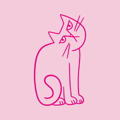 Cute doodle cat with funny grumpy face. Hand drawn outline sitting kitty. Fluffy playful cartoon character for t-shirt print, decorations.