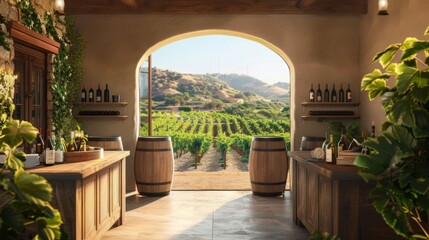 Vineyard Elegance Business Cards in the Barrel Room of a Winery Surrounded by Lush Vineyards and Rolling Hills
