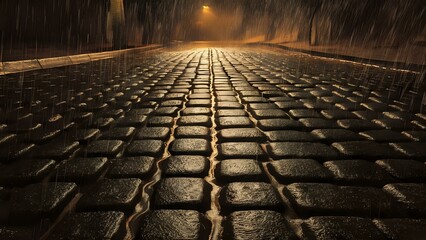 Rainy Night on a Cobblestone Street
