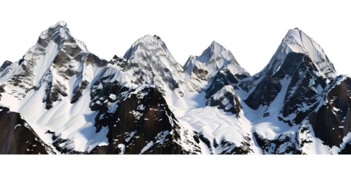 Panorama of majestic snow-covered mountain peaks. Rugged terrain with sharp, towering cliffs and pristine white snow.