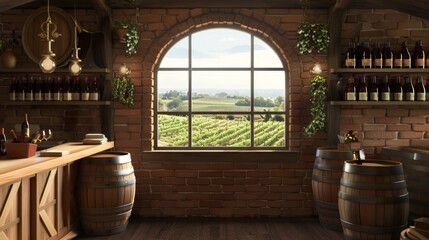 Vineyard Oasis Rustic Winemaker's Tasting Room with Oak Barrels Blank Business Cards and Scenic Vineyard View Perfect for Wine Enthusiasts and Small Business Marketing