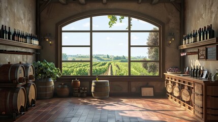 Vineyard Oasis Rustic Winemaker's Tasting Room with Oak Barrels Blank Business Cards and Scenic Vineyard View Perfect for Wine Enthusiasts and Small Business Marketing