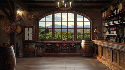 Vineyard Oasis Rustic Winemaker's Tasting Room with Oak Barrels Blank Business Cards and Scenic Vineyard View Perfect for Wine Enthusiasts and Small Business Marketing