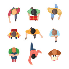 Set of Top view of people set isolated on a white background, Men and women. View from above. Male and female characters, cartoon style, Characters Walking Top View, Men Moving, vector illustration.