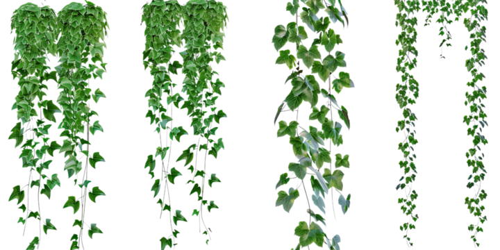 Set of hanging green vines with lush foliage on a transparent background. Different types of trailing plants ideal for garden, decor, or botanical themes.
