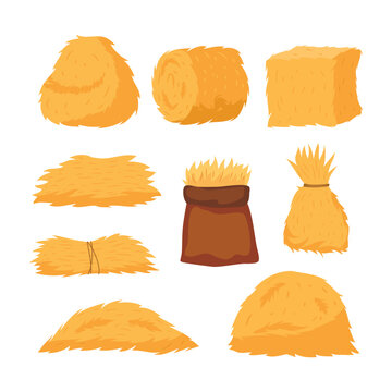 Set of haystack set collection, Hay bales, piles, heaps and stacks set, straw in rolls, squares, sack, wheelbarrow and crate. Dry grass, farm fodder bundles. Flat vector illustrations isolated.