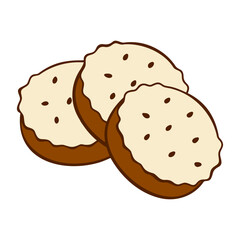 Three cookies with cream icing and sprinkled with sesame seeds, isolated on white background.