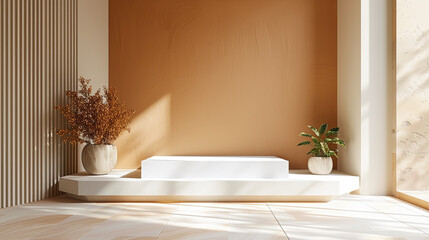 Empty Minimal White Concrete Podium With Plants Decoration On Sunshade Beige Wall And Wooden Floor For Product Presentation Background 3d Rendering Mockup For Product Placement