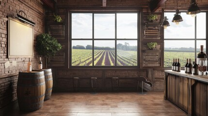 Vineyard Oasis Rustic Winemaker's Tasting Room with Oak Barrels Blank Business Cards and Scenic Vineyard View Perfect for Wine Enthusiasts and Small Business Marketing