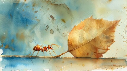 This delicate watercolor art features a small ant diligently carrying a leaf, symbolizing the strength and determination of teamwork