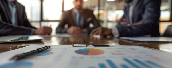 Business meeting with charts and reports on table. Professionals in suits discussing financial data in modern office setting.
