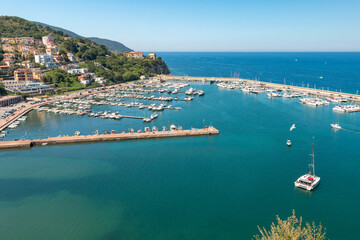 Fototapeta premium Port of Agropoli with Italian sign on the dock says 