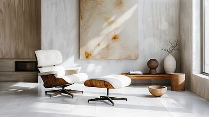 Modern Minimalist Living Room Interior Design with White Eames Lounge Chair, Abstract Art, and Natural Wood Accents