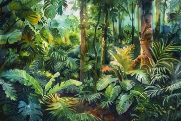 Fototapeta premium This watercolor artwork captures the rich biodiversity of a lush rainforest, highlighting its dense and vibrant vegetation