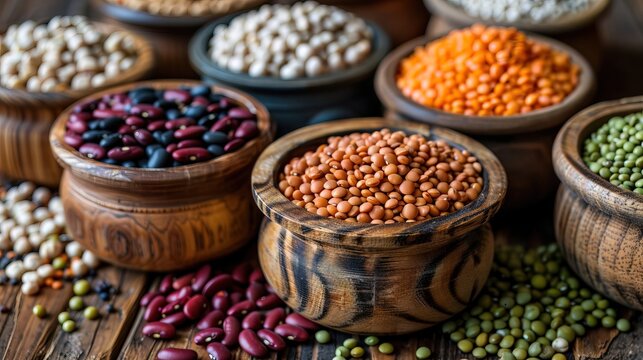 All kinds of different types of beans in simple pots on a wooden table: black beans, red beans, white beans, fabes, broad beans