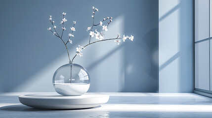 White Cherry Blossom in Round Glass Vase on White Pedestal by Window with Blue Wall Minimalist Interior Design Home Decor