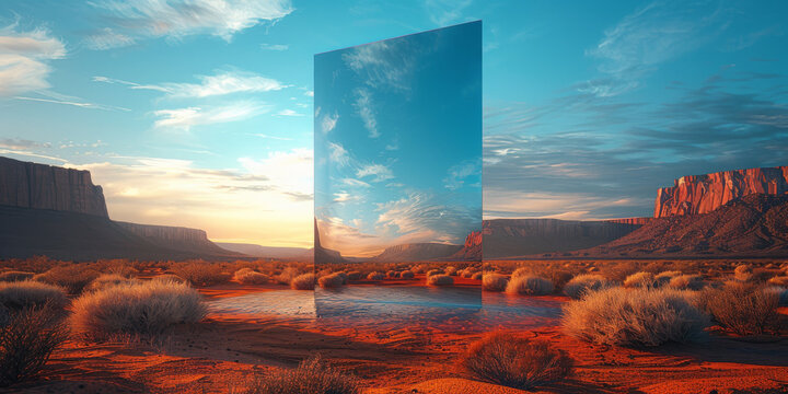 Generative ai illustration of a rectangular Mirror plane in the middle the desert