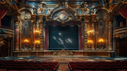 Obraz premium 1920s silent film theater, with ornate gold details and monochrome screen