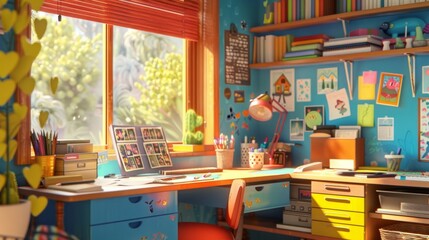 Creative Chaos Vibrant Children's Book Author's Office with Blank Business Cards Illustrations and Whimsical Lamp Writer's Inspiration and Productivity Space